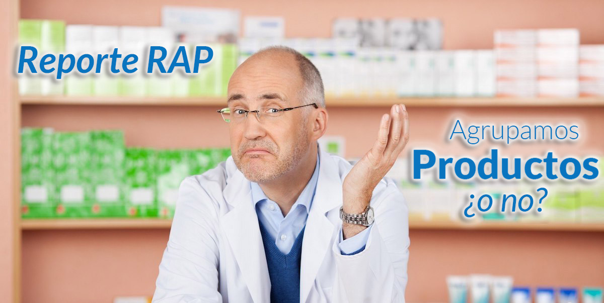 Banner «Reporte RAP: agrupamos productos ¿o no?» con farmacéutico de bata encogiéndose de hombros