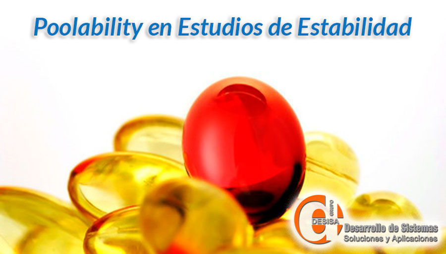 Cápsula roja entre cápsulas de gelatina amarillas bajo el título Poolability en estudios de estabilidad