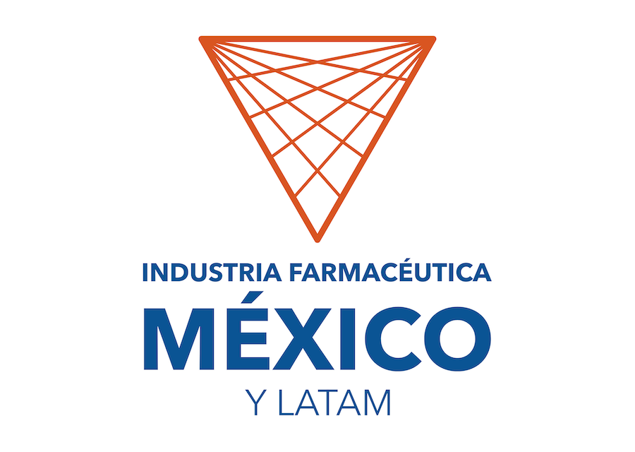 Logotipo con triángulo invertido naranja reticulado y el texto "Industria Farmacéutica México y LATAM"