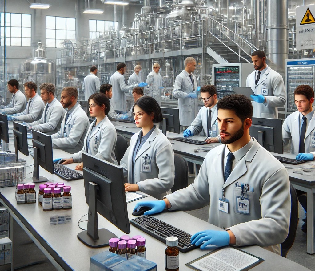 Personal con bata captura información en computadoras dentro de una planta farmacéutica