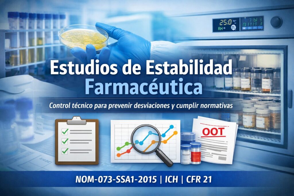 Portada "Estudios de Estabilidad Farmacéutica" con cámara de estabilidad y la leyenda NOM-073-SSA1-2015, ICH y CFR 21