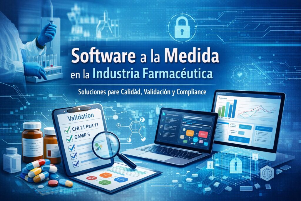 Portada "Software a la Medida en la Industria Farmacéutica" con checklist de CFR 21 Part 11 y GAMP 5