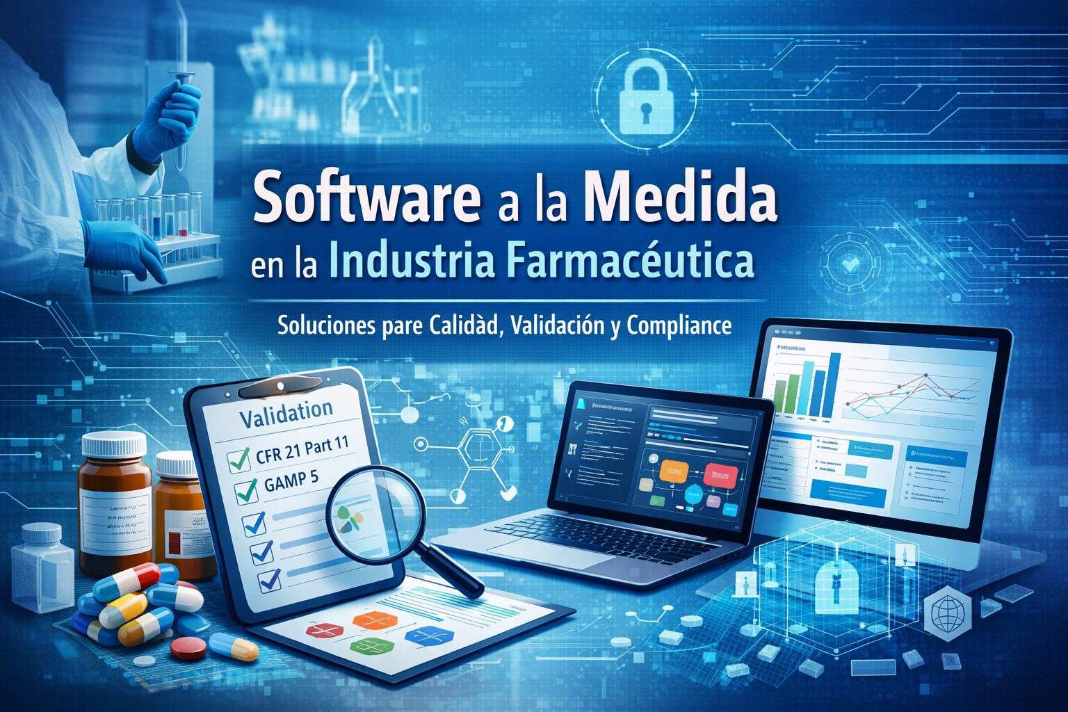 Portada "Software a la Medida en la Industria Farmacéutica" con checklist de CFR 21 Part 11 y GAMP 5