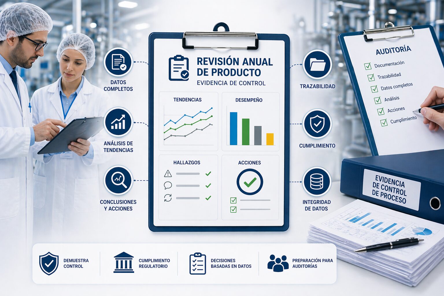 Tablilla «Revisión Anual de Producto, evidencia de control» junto a una lista de verificación de auditoría
